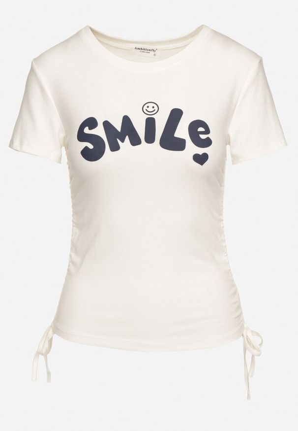 Born2be - Biały Wiskozowy T-shirt ze Ściągaczami i Napisem Dorvesia. Okazja: na co dzień. Kolor: biały. Materiał: wiskoza. Długość rękawa: krótki rękaw. Długość: krótkie. Wzór: napisy. Styl: elegancki, casual