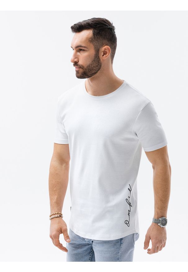 Ombre Clothing - T-shirt męski bawełniany z nadrukiem S1387 - biały - XXL. Kolor: biały. Materiał: bawełna. Wzór: nadruk