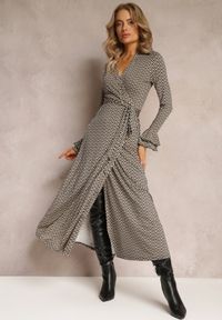 Renee - Beżowo-Czarna Sukienka Kopertowa z Falbanką Lutorius. Okazja: na co dzień. Kolor: beżowy. Materiał: dzianina, materiał. Wzór: aplikacja, nadruk. Typ sukienki: kopertowe. Styl: casual. Długość: maxi