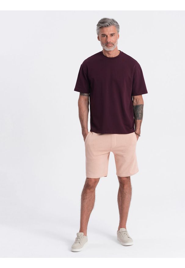 Ombre Clothing - Męskie dzianinowe spodenki ze ściągaczem i kieszeniami - pudroworóżowe V11 - Rozmiar: XL. Kolor: różowy. Materiał: dzianina. Styl: wakacyjny