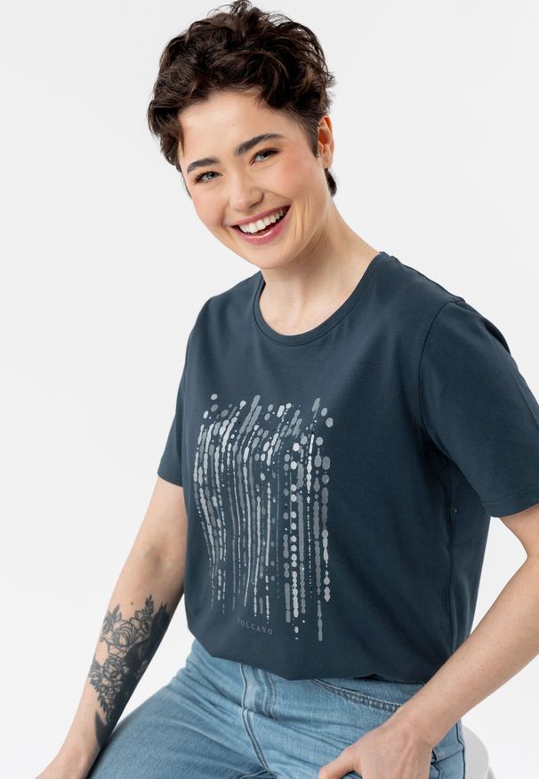 Volcano - T-shirt z błyszczącym nadrukiem T-SEAR. Materiał: prążkowany, bawełna, materiał. Długość rękawa: krótki rękaw. Długość: krótkie. Wzór: nadruk. Styl: klasyczny