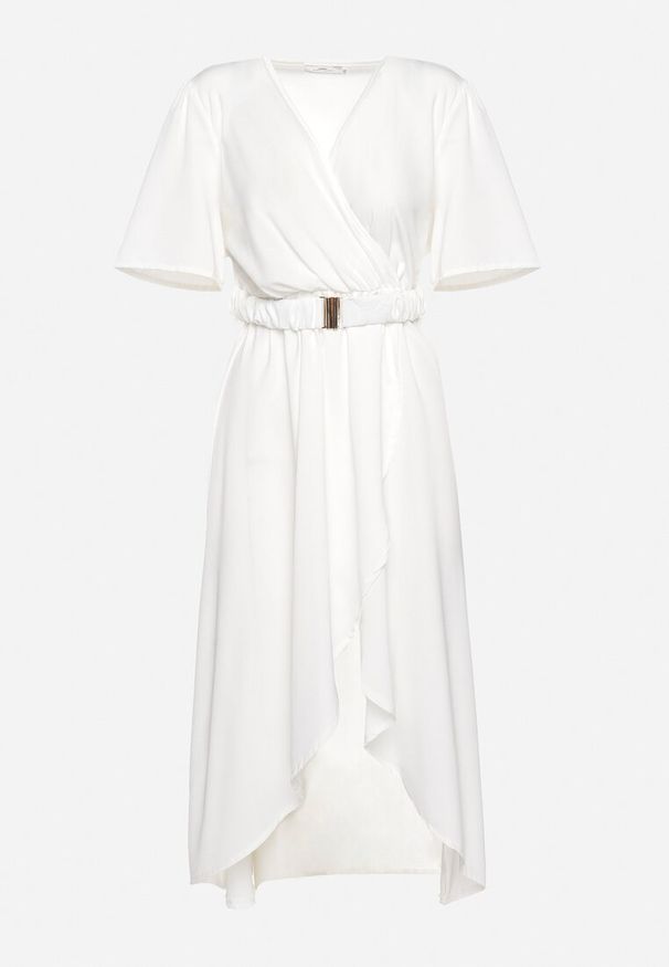 Born2be - Biała Rozkloszowana Sukienka Kopertowa z Gumką w Talii i Ozdobnym Paskiem Vasena. Kolor: biały. Typ sukienki: kopertowe. Styl: elegancki