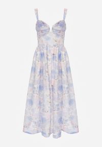 Renee - Niebieska Rozkloszowana Sukienka na Ramiączkach w Kwiaty w Romantycznym Stylu Callisise. Kolor: niebieski. Materiał: poliester. Długość rękawa: na ramiączkach. Wzór: kwiaty. Typ sukienki: rozkloszowane #7