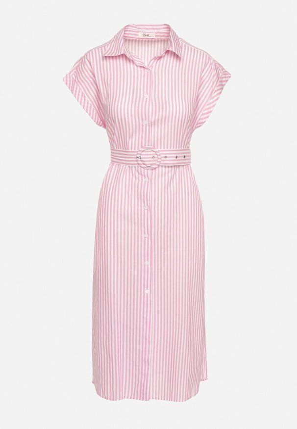 Born2be - Różowa Bawełniana Sukienka Koszulowa z Materiałowym Paskiem w Talii Nelarinda. Typ kołnierza: kołnierzyk klasyczny. Kolor: różowy. Materiał: bawełna, materiał. Typ sukienki: koszulowe. Styl: elegancki, klasyczny