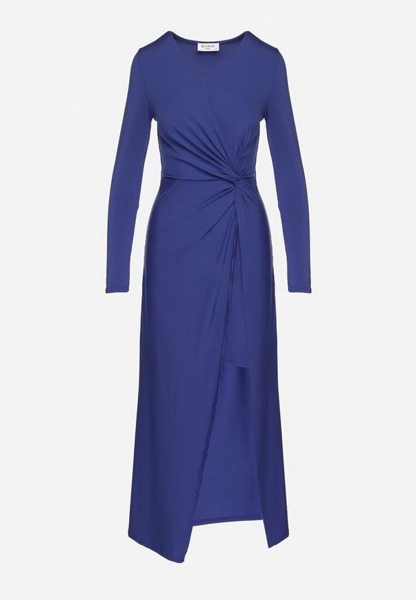 Born2be - Niebieska Sukienka z Efektownym Marszczeniem i Rozcięciem z Wiskozą Kliheria. Okazja: na co dzień. Kolor: niebieski. Materiał: wiskoza. Długość rękawa: długi rękaw. Styl: klasyczny, casual, elegancki