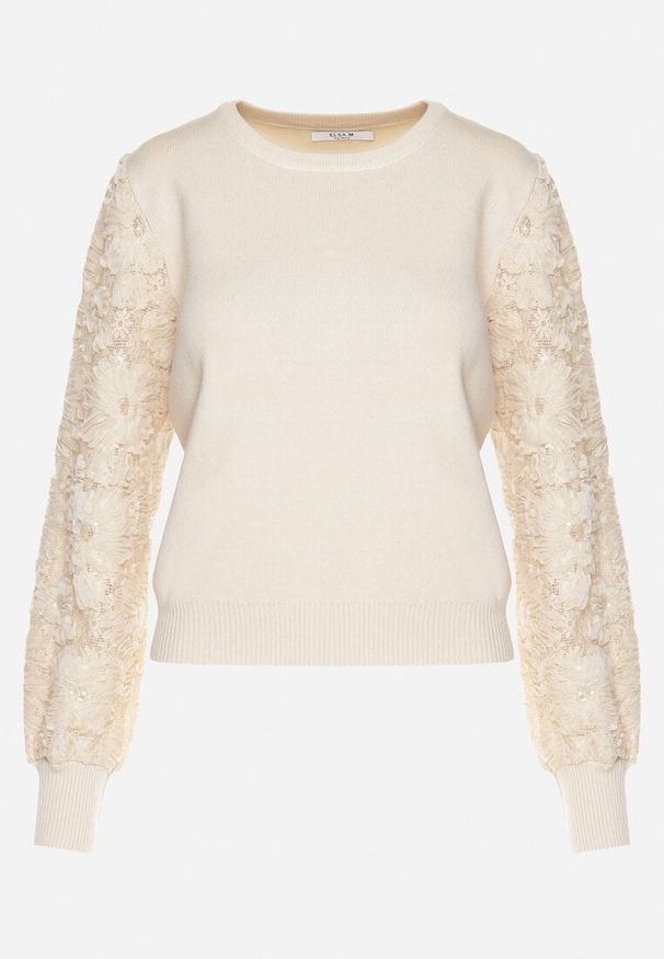 Born2be - Beżowy Sweter z Wiskozą z Ozdobnymi Koronkowymi Rękawami z Cekinami Tiliala. Okazja: na co dzień. Kolor: beżowy. Materiał: wiskoza, koronka. Wzór: koronka. Styl: casual, elegancki