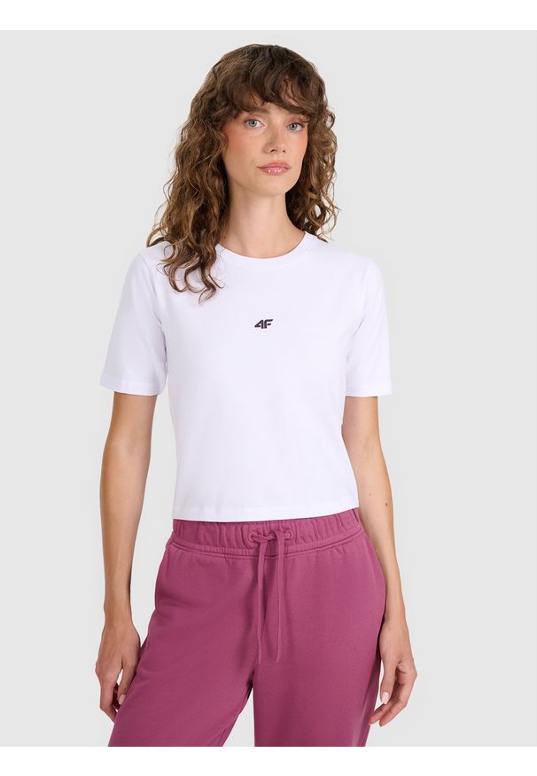 4f - 4F Crop-top slim gładki damski - biały L. Okazja: na co dzień. Kolor: biały. Materiał: jersey, bawełna. Długość rękawa: krótki rękaw. Długość: krótkie. Wzór: gładki. Styl: sportowy, casual