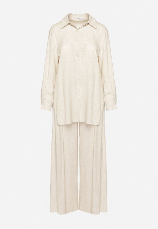 Born2be - Jasnobeżowy Komplet z Wiskozy Koszula na Guziki Szerokie Spodnie z Gumką w Pasie Tinasiam. Kolor: beżowy. Materiał: wiskoza