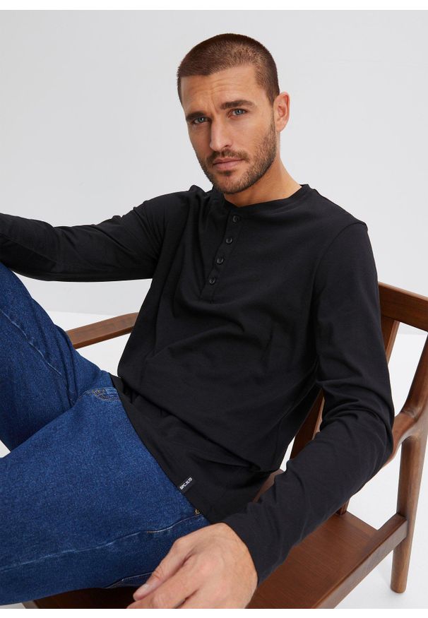 bonprix - Bluzka z dekoltem henley z czystej bawełny (2 szt.). Typ kołnierza: typu henley. Kolor: czarny. Materiał: bawełna. Długość: długie. Wzór: aplikacja