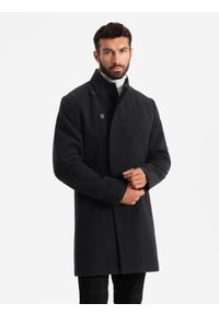 Ombre Clothing - Męski płaszcz z wysokim kołnierzem i asymetrycznym zapięciem – czarny V2 - Rozmiar: XXL. Okazja: na co dzień. Typ kołnierza: kołnierzyk stójkowy. Kolor: czarny. Materiał: wiskoza, poliester, materiał, syntetyk, włókno. Długość: długie. Wzór: aplikacja, jednolity. Styl: wizytowy, casual, elegancki