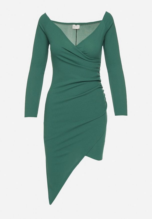 Born2be - Zielona Koktajlowa Asymetryczna Sukienka z Kopertowym Dekoltem Zaidelle. Okazja: na imprezę. Typ kołnierza: dekolt kopertowy. Kolor: zielony. Typ sukienki: kopertowe, asymetryczne. Styl: wizytowy