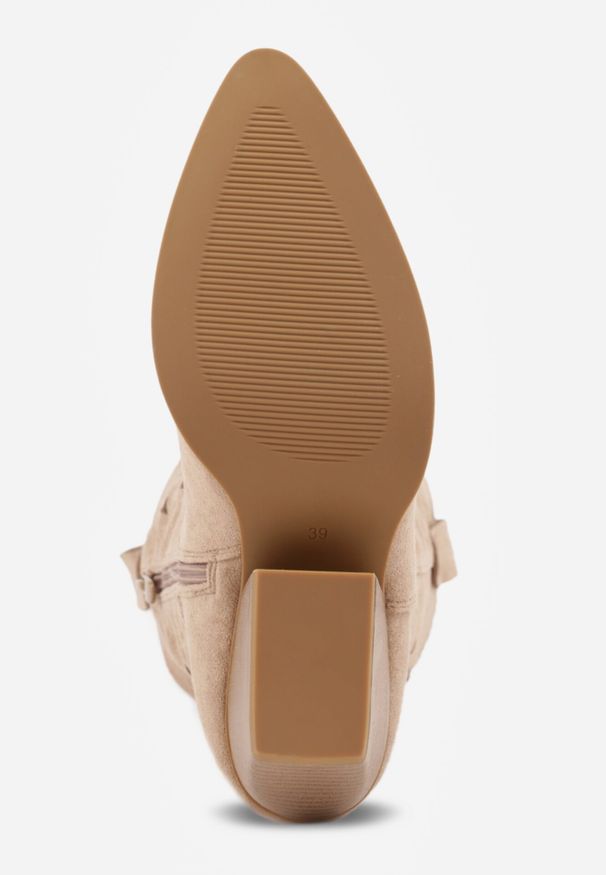 Born2be - Ciemnobeżowe Kozaki Kowbojki na Stożkowym Obcasie z Ażurową Cholewką Tidanna. Okazja: na co dzień, na randkę. Kolor: beżowy. Szerokość cholewki: normalna. Wzór: ażurowy. Materiał: zamsz, jeans. Sezon: lato. Obcas: na obcasie. Styl: casual, klasyczny. Wysokość obcasa: średni