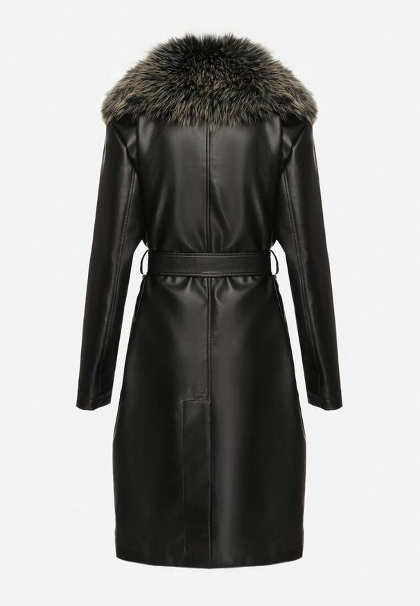 Born2be - Czarny Jednorzędowy Płaszcz z Imitacji Skóry z Wiązanym Paskiem i Odpinanym Futrem Semivora. Okazja: na co dzień. Kolor: czarny. Materiał: skóra, futro. Długość rękawa: długi rękaw. Długość: długie. Styl: casual, rockowy, elegancki