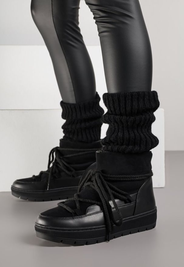 Born2be - Czarne Wsuwane Śniegowce ze Sznurowaniem i Futerkiem Typu Baranek Meviatesa. Okazja: na spacer, na co dzień. Zapięcie: bez zapięcia. Kolor: czarny. Materiał: futro. Sezon: zima. Styl: casual, klasyczny, sportowy