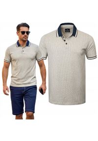 Męska Koszulka Polo - Pako Jeans - Beżowa, Drobny Wzorek. Okazja: na co dzień. Typ kołnierza: polo. Kolor: wielokolorowy, brązowy, beżowy. Materiał: bawełna. Styl: casual #5