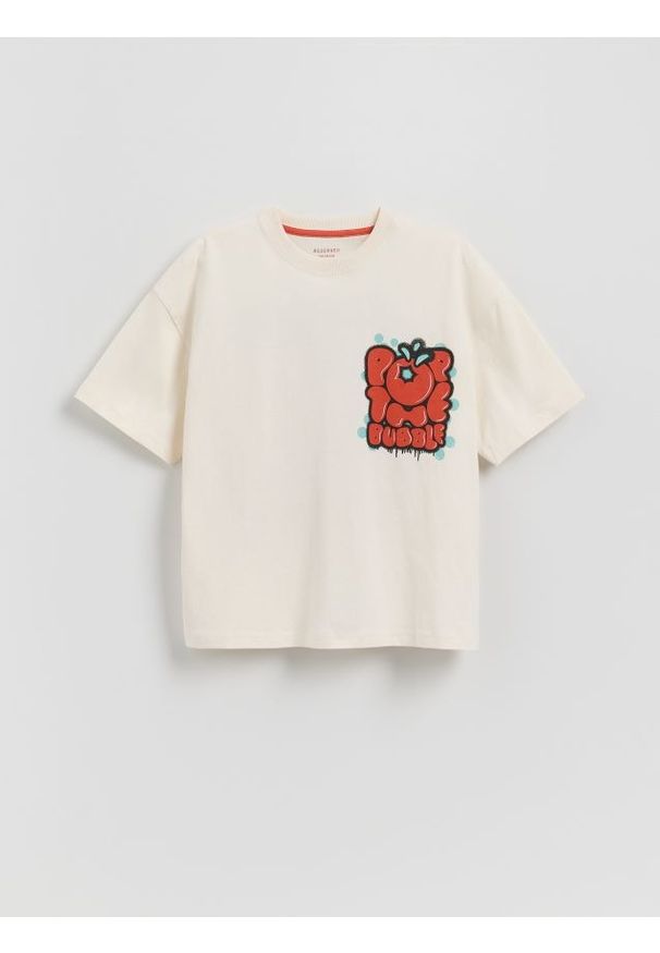Reserved - Bawełniany t-shirt z nadrukiem - złamana biel. Materiał: bawełna. Wzór: nadruk