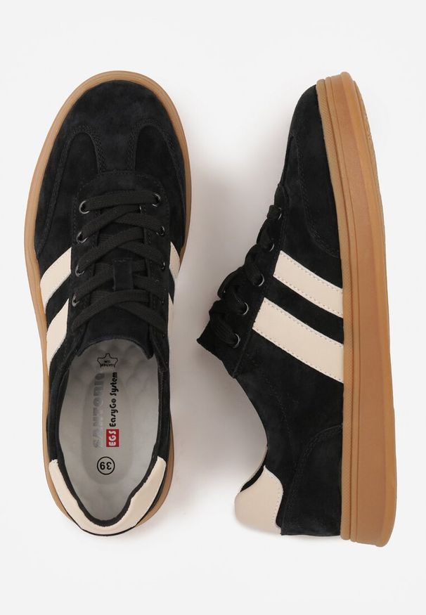 Renee - Czarne Sneakersy ze Skóry Naturalnej z Geometrycznym Wzorem Zetisius. Okazja: na co dzień. Kolor: czarny. Materiał: skóra. Wzór: geometria