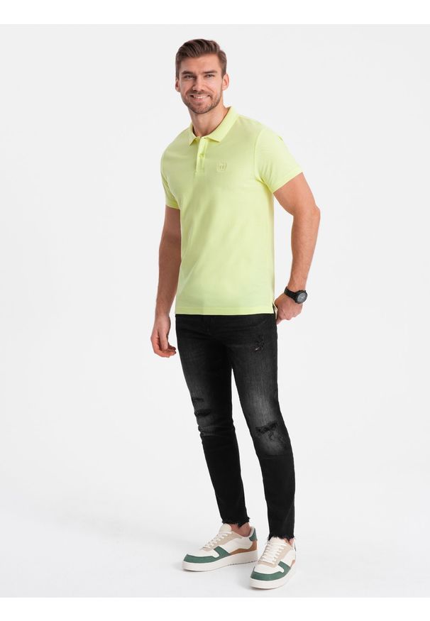 Ombre Clothing - Koszulka męska polo z dzianiny pique - limonkowy V15 - Rozmiar: XL. Typ kołnierza: polo. Materiał: dzianina. Wzór: haft. Styl: klasyczny
