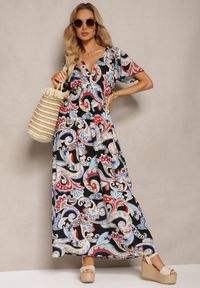 Renee - Czarno-Niebieska Rozkloszowana Sukienka z Bawełny o Kopertowym Kroju w Print Paisley Piavella. Okazja: na co dzień. Kolor: czarny. Materiał: bawełna. Wzór: paisley, nadruk. Typ sukienki: kopertowe. Styl: elegancki, casual