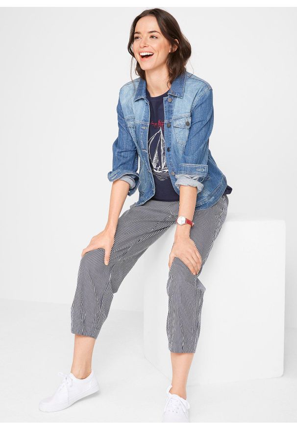 bonprix - Spodnie z materiału z lnem, dł. 7/8. Stan: podwyższony. Kolor: niebieski. Materiał: len, materiał