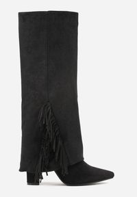 Born2be - Czarne Kozaki na Słupku z Wywiniętą Cholewką z Frędzlami Linadela. Okazja: do pracy, na co dzień, na spotkanie biznesowe. Kolor: czarny. Materiał: satyna, jeans. Szerokość cholewki: normalna. Obcas: na słupku. Styl: klasyczny, casual, elegancki, biznesowy #7