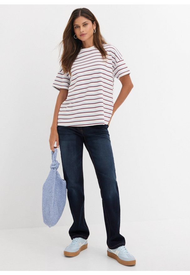 bonprix - Dżinsy straight, mid waist, z wygodnym paskiem. Kolor: niebieski