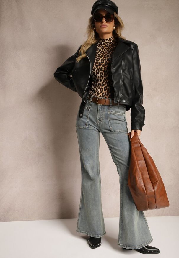 Renee - Czarna Taliowana Kurtka Ramoneska o Krótkim Fasonie Isolina. Okazja: na co dzień. Kolor: czarny. Materiał: jeans. Długość: krótkie. Styl: klasyczny, elegancki, casual