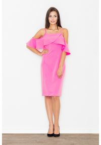Figl - Elegancka Różowa Sukienka Mini z Falbanką przy Dekolcie. Kolor: różowy. Materiał: poliester, wiskoza. Styl: elegancki. Długość: mini #1