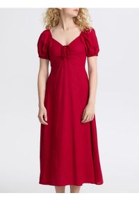 Reserved - Sukienka midi z dodatkiem lnu - czerwony. Kolor: czerwony. Materiał: len. Długość: midi #1