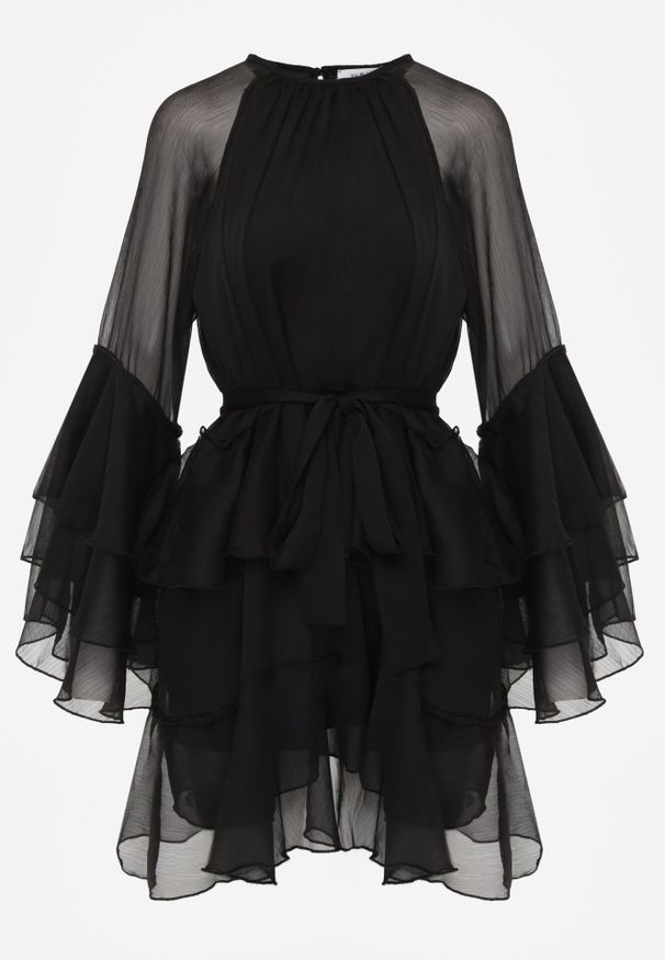 Born2be - Czarna Sukienka z Eterycznymi Falbanami i Wiązanym Paskiem Rivaniah. Okazja: na wesele, na ślub cywilny. Kolor: czarny. Styl: elegancki