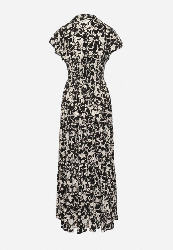 Born2be - Czarno-Beżowa Sukienka Maxi w Kwiaty z Falowanymi Rękawkami i Gumką w Talii Mulanitti. Kolor: czarny. Długość rękawa: krótki rękaw. Wzór: kwiaty. Sezon: lato. Długość: maxi