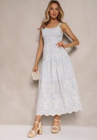 Renee - Niebieska Boho Sukienka Wiskozowo-Bawełniana z Guzikami na Ramiączkach w Kwiatowy Print Lildexis. Okazja: na co dzień, na spacer. Kolor: niebieski. Materiał: bawełna, wiskoza. Długość rękawa: na ramiączkach. Wzór: kwiaty, nadruk. Sezon: lato. Typ sukienki: proste. Styl: boho #4
