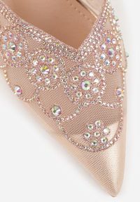 Born2be - Szampańskie Czółenka na Szpilce VICES z Siateczkową Cholewką z Brokatem i Cyrkoniami Venbanise. Okazja: na komunię, na wesele, na ślub cywilny. Zapięcie: sprzączka. Kolor: złoty. Materiał: tiul. Szerokość cholewki: normalna. Wzór: aplikacja. Obcas: na szpilce. Styl: klasyczny, elegancki #2