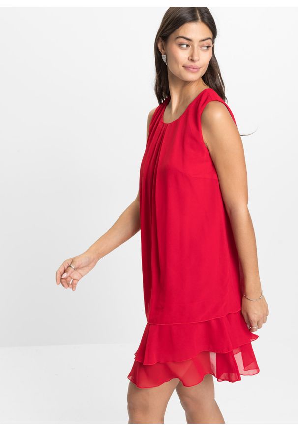 bonprix - Sukienka szyfonowa z poliestru z recyklingu. Kolor: czerwony. Materiał: szyfon, poliester. Długość rękawa: bez rękawów. Styl: elegancki