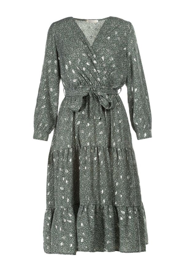 Born2be - Zielona Sukienka Cintrine. Kolor: zielony. Długość rękawa: długi rękaw. Wzór: nadruk. Typ sukienki: kopertowe. Długość: midi