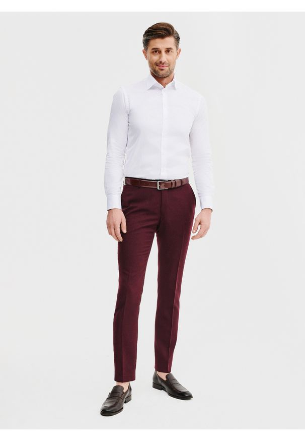 Pako Lorente - PAKO LORENTE – Spodnie garniturowe w kolorze bordowym. Okazja: na wesele, na co dzień, na ślub cywilny. Kolor: czerwony. Materiał: wiskoza, poliester, elastan. Styl: elegancki, casual