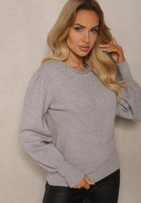 Renee - Szary Sweter z Modalem i Wiskozą Ozdobiony Bufiastymi Rękawami i Splotem przy Dekolcie Enareth. Okazja: na co dzień. Kolor: szary. Materiał: wiskoza. Wzór: ze splotem, aplikacja. Styl: klasyczny, casual, elegancki