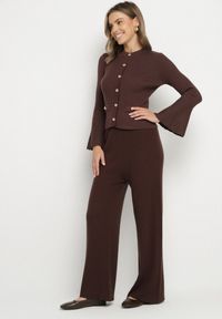 Born2be - Brązowe Szerokie Spodnie High Waist z Wiskozą z Gumką w Pasie Essica. Okazja: na co dzień. Stan: podwyższony. Kolor: brązowy. Materiał: wiskoza. Wzór: aplikacja. Styl: casual, elegancki #5