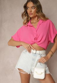 Renee - Fuksjowa Koszula o Kroju Oversize Natressa. Okazja: na co dzień, na spotkanie biznesowe. Typ kołnierza: kołnierzyk klasyczny. Kolor: różowy. Materiał: jeans. Wzór: aplikacja. Styl: biznesowy, klasyczny, casual #5