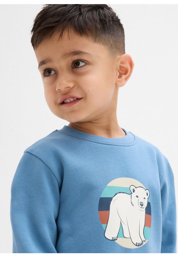bonprix - Bluza z czystej bawełny organicznej. Kolor: niebieski. Materiał: bawełna. Wzór: nadruk