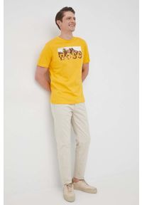 BOSS - Boss - T-shirt bawełniany Boss Casual. Okazja: na co dzień. Kolor: żółty. Materiał: bawełna. Wzór: nadruk. Styl: casual