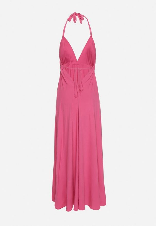 Born2be - Fuksjowa Sukienka z Wiskozy o Mocno Rozkloszowanym Fasonie Wiązana na Szyi Uldren. Okazja: na spacer, na co dzień. Kolor: różowy. Materiał: wiskoza. Sezon: lato. Typ sukienki: rozkloszowane. Styl: casual