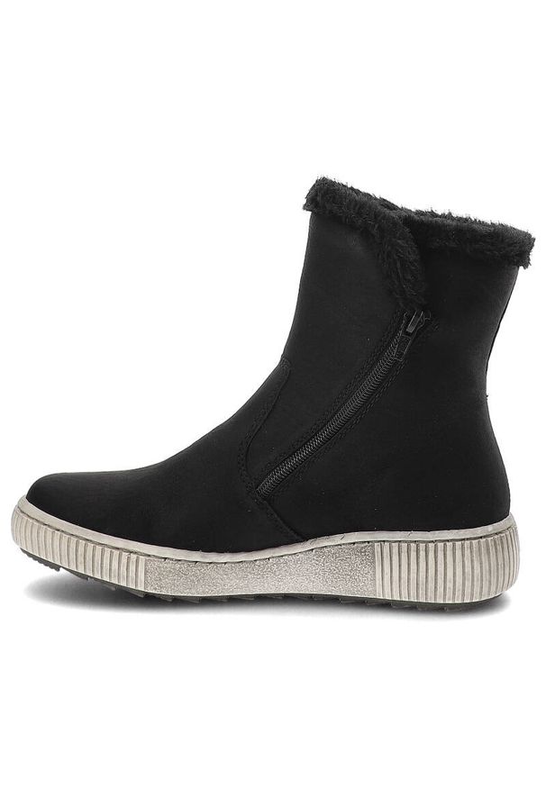 Czarne Botki Rieker Ocieplane Buty Damskie. Okazja: na co dzień, na spacer. Kolor: czarny. Materiał: syntetyk, materiał. Sezon: zima, jesień. Styl: klasyczny, casual, elegancki