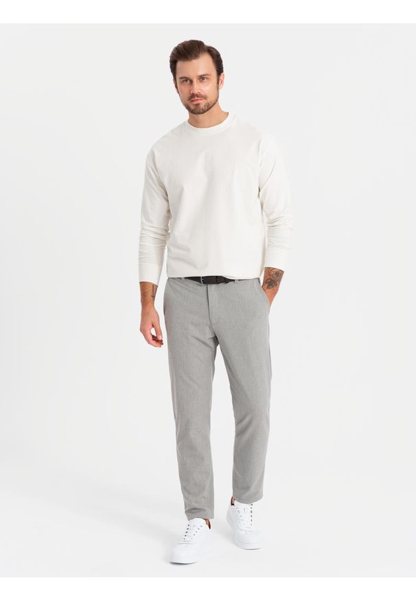 Ombre Clothing - Męski bawełniany longsleeve LOOSE FIT z okrągłym dekoltem – kremowy V2 OM-LSBC-0129 - XXL. Kolor: kremowy. Materiał: bawełna. Długość rękawa: długi rękaw. Wzór: gładki