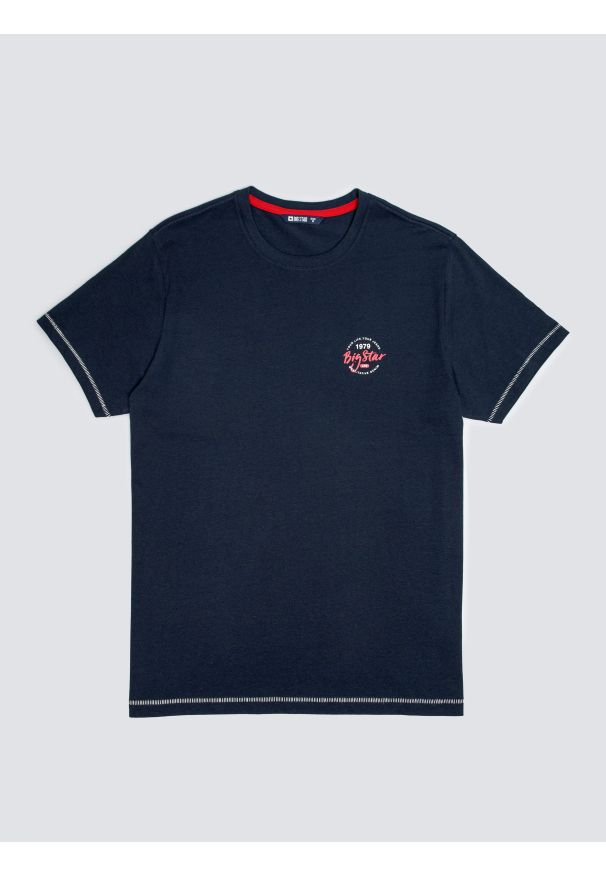 Big-Star - Koszulka męska z kontrastowymi przeszyciami granatowa Elvin 403. Okazja: na co dzień. Kolor: niebieski. Materiał: dzianina, denim, materiał, bawełna, skóra, jeans. Wzór: nadruk. Styl: casual, klasyczny