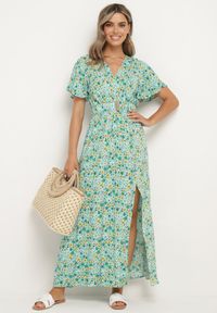 Born2be - Zielona Wiskozowa Sukienka z Kopertowym Dekoltem i Gumką w Pasie z Paskiem i Rozcięciem Vikama. Okazja: na spacer, na imprezę. Typ kołnierza: dekolt kopertowy. Kolor: zielony. Materiał: wiskoza. Typ sukienki: kopertowe. Styl: elegancki #7