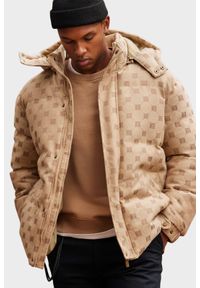 Ombre Clothing - Żakardowa wzorzysta kurtka męska typu puffer– brązowa V2. Kolor: brązowy. Materiał: żakard. Wzór: aplikacja. Sezon: zima. Styl: retro, elegancki
