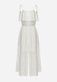 Born2be - Biały Kombinezon na Ramiączkach z Haftowanym Wzorem i Falbanką Elinva. Kolor: biały. Materiał: tkanina. Długość rękawa: na ramiączkach. Wzór: haft #4