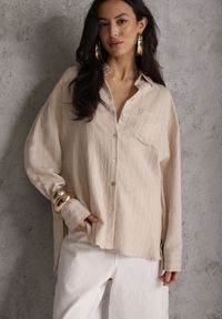 Renee - Beżowa Koszula z Wiskozy z Domieszką Lnu ze Strukturalnego Materiału Sewrita. Okazja: na spacer. Kolor: beżowy. Materiał: wiskoza, len, materiał. Styl: street #2