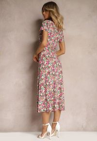 Renee - Różowo-Zielona Rozkloszowana Sukienka z Wiskozą Zapinana na Guziki Ozdobiona Paskiem Dimica. Kolor: różowy. Materiał: wiskoza. Wzór: aplikacja. Sezon: lato #4